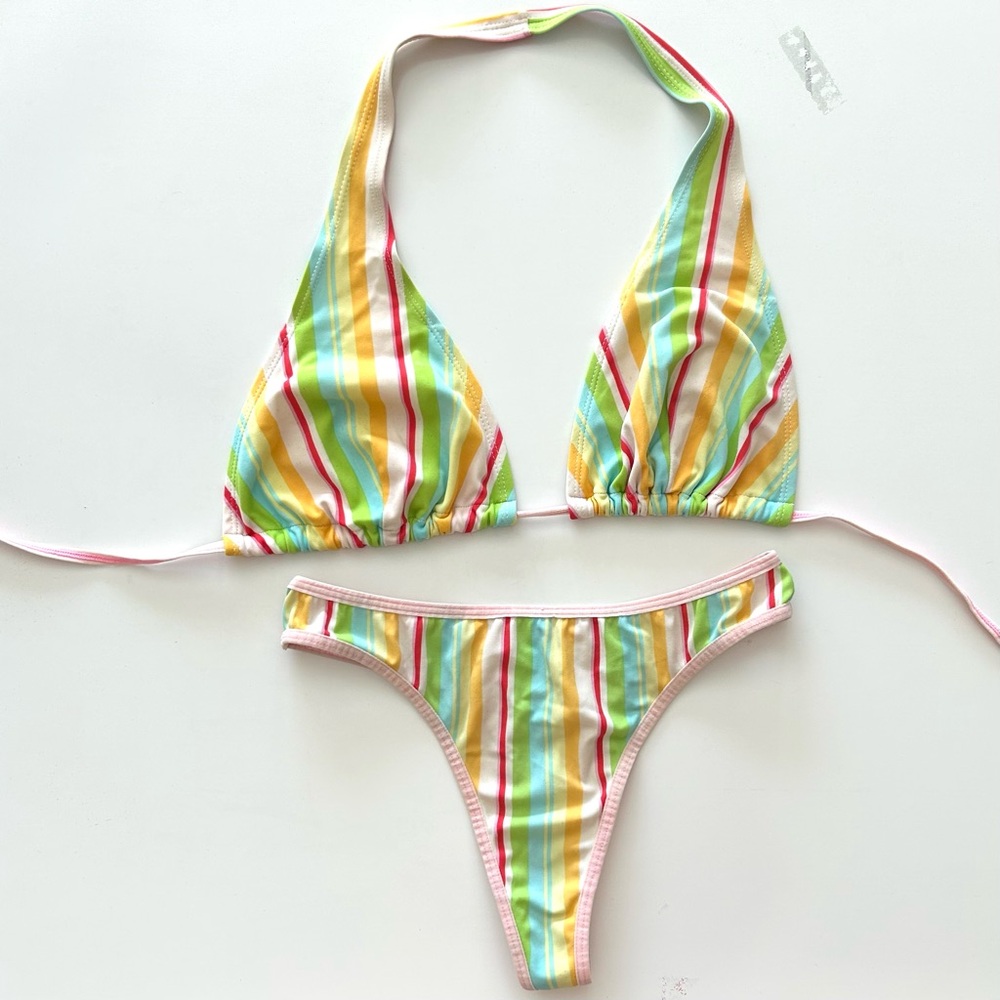 Multicolor Women’s Striped Triangle Bikini Thong Swimsuit Set